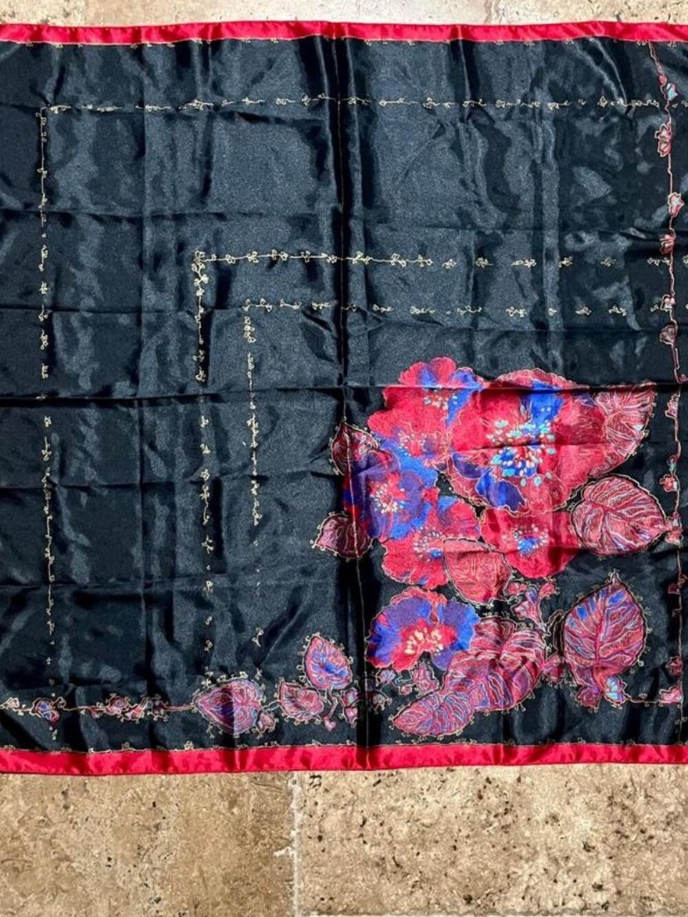 Vintage Black Red Floral Satin Square Scarf Gold Detail